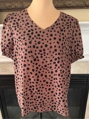 SHEIN Women's Short Sleeve V Neck Blouse Puff Sleeve Mauve/Black XL